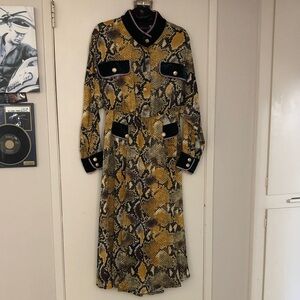 Silk Snakeskin Print Midi Long Sleeve Dress with Quilted green velvet belt! L/XL